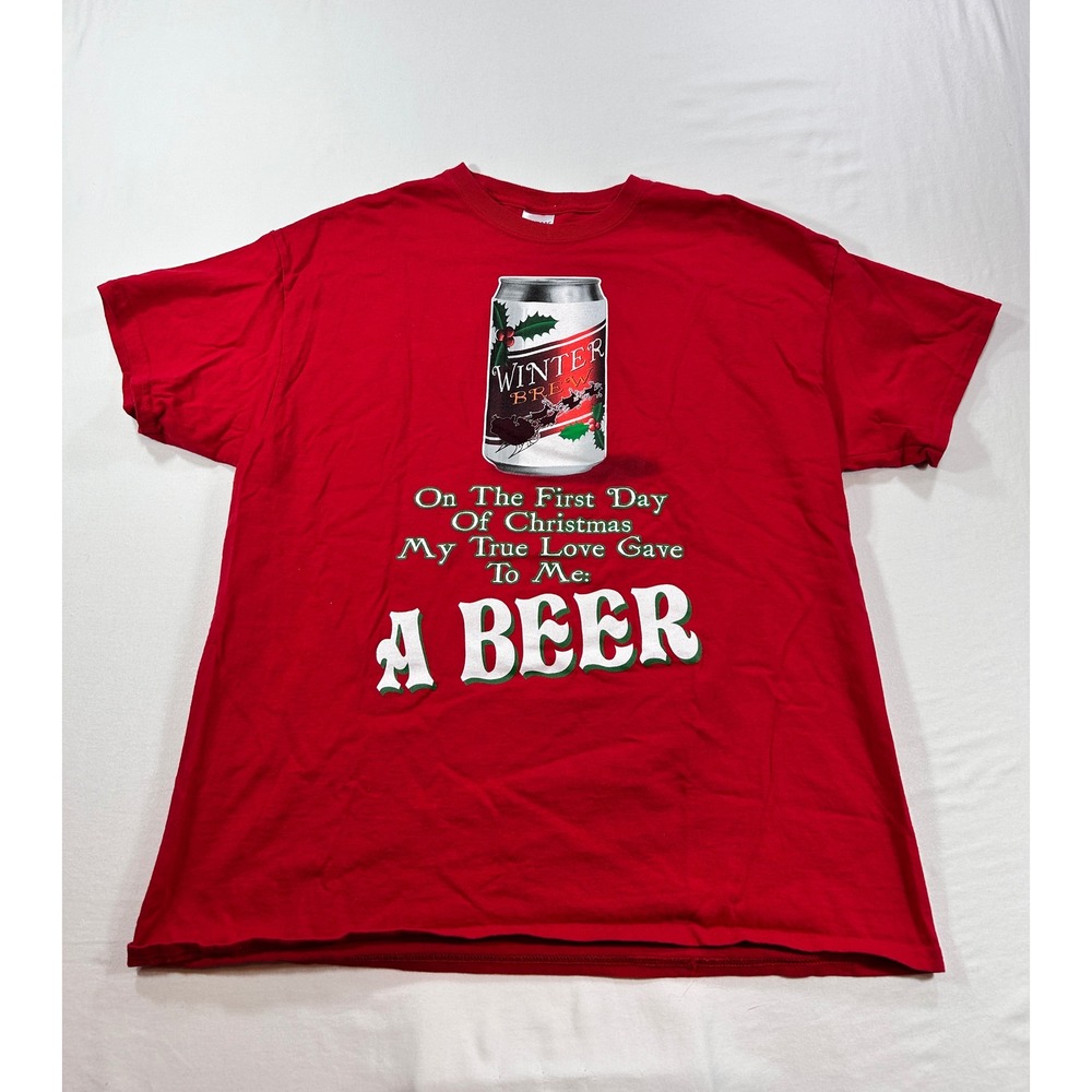 Gildan Mens XL Red Christmas Beer Graphic T-Shirt Winter Brew Funny Holiday Tee